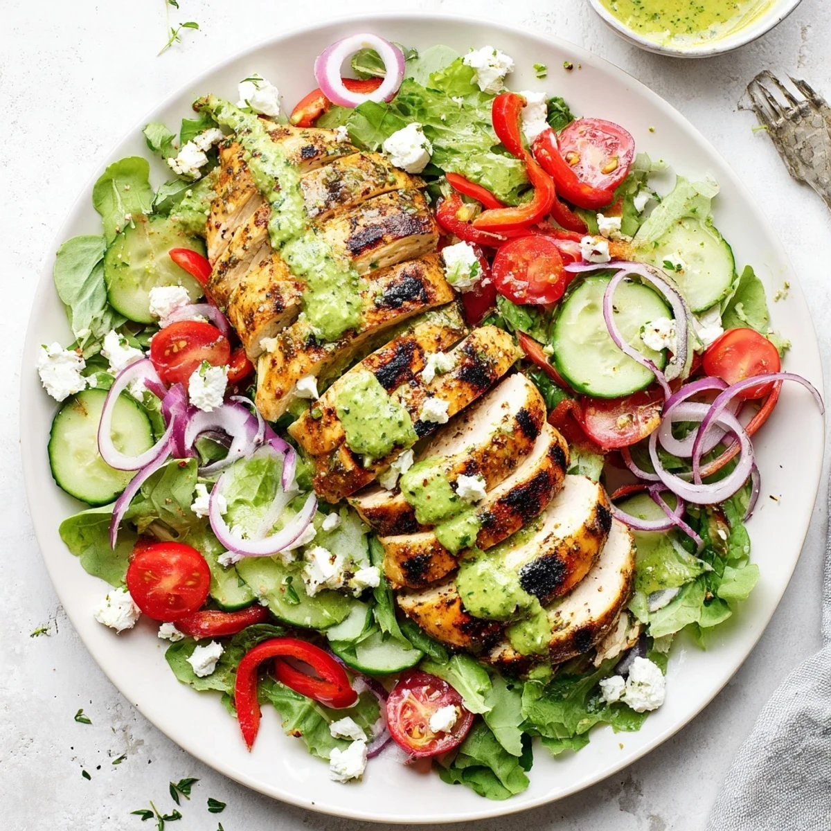 Grilled Chicken Salad Avocado Herb Dressing Recipe drizzled over vibrant summer greens