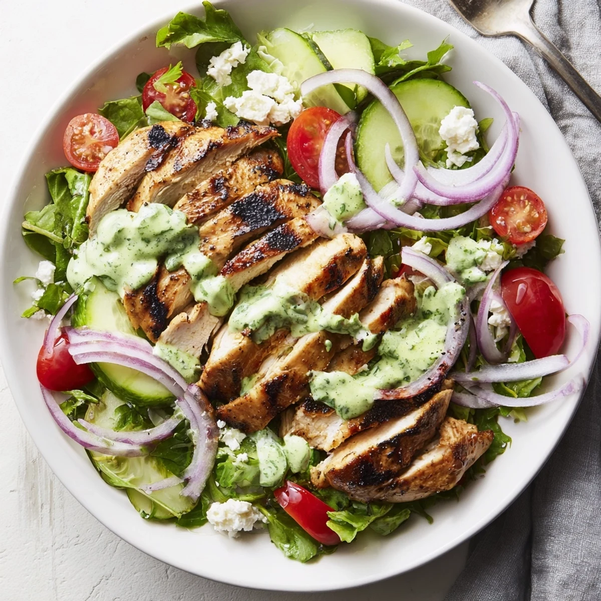 Charred chicken and cherry tomatoes dressed with Grilled Chicken Salad Avocado Herb Dressing Recipe