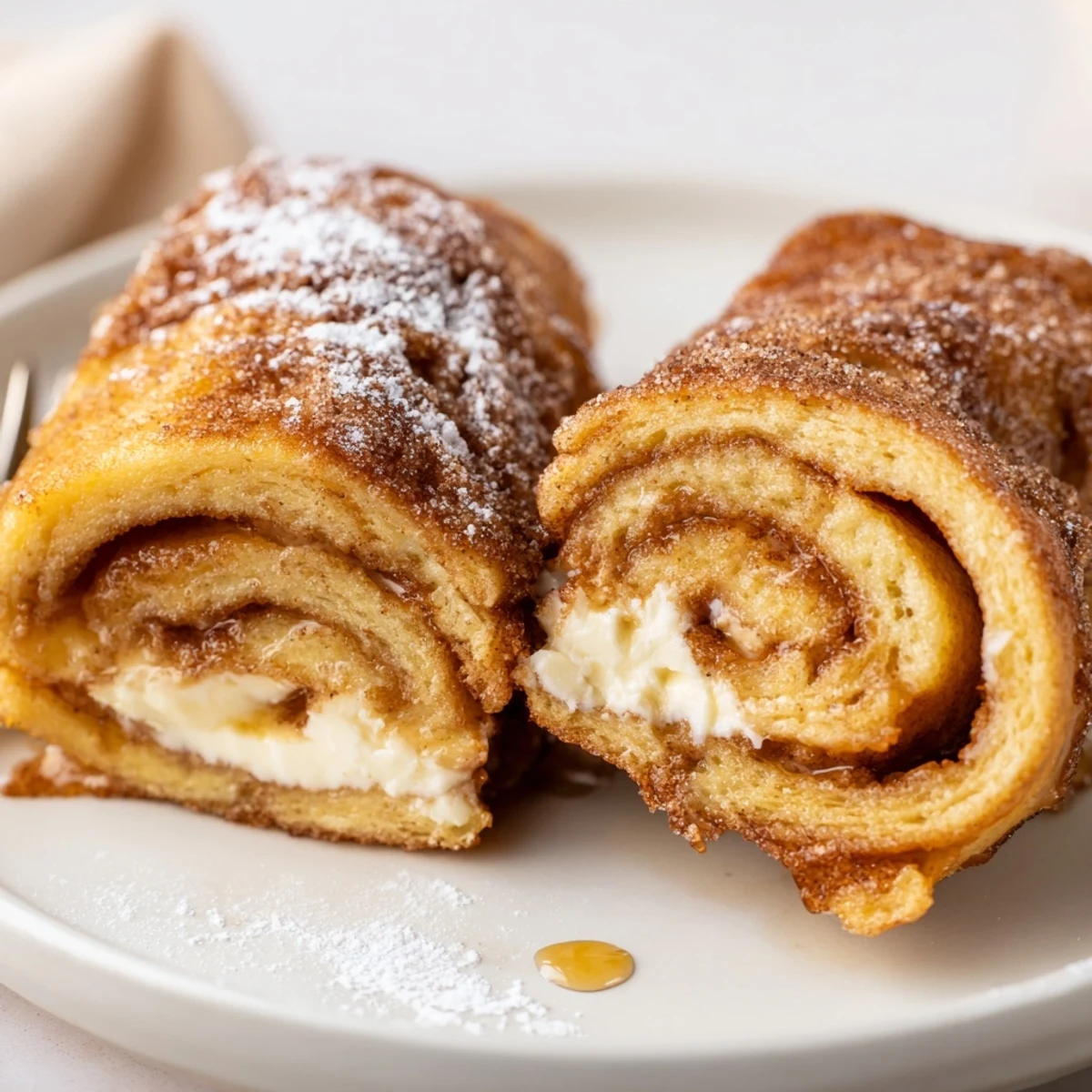 Cinnamon Roll French Toast Roll Ups glistening with cinnamon sugar, warm and gooey.