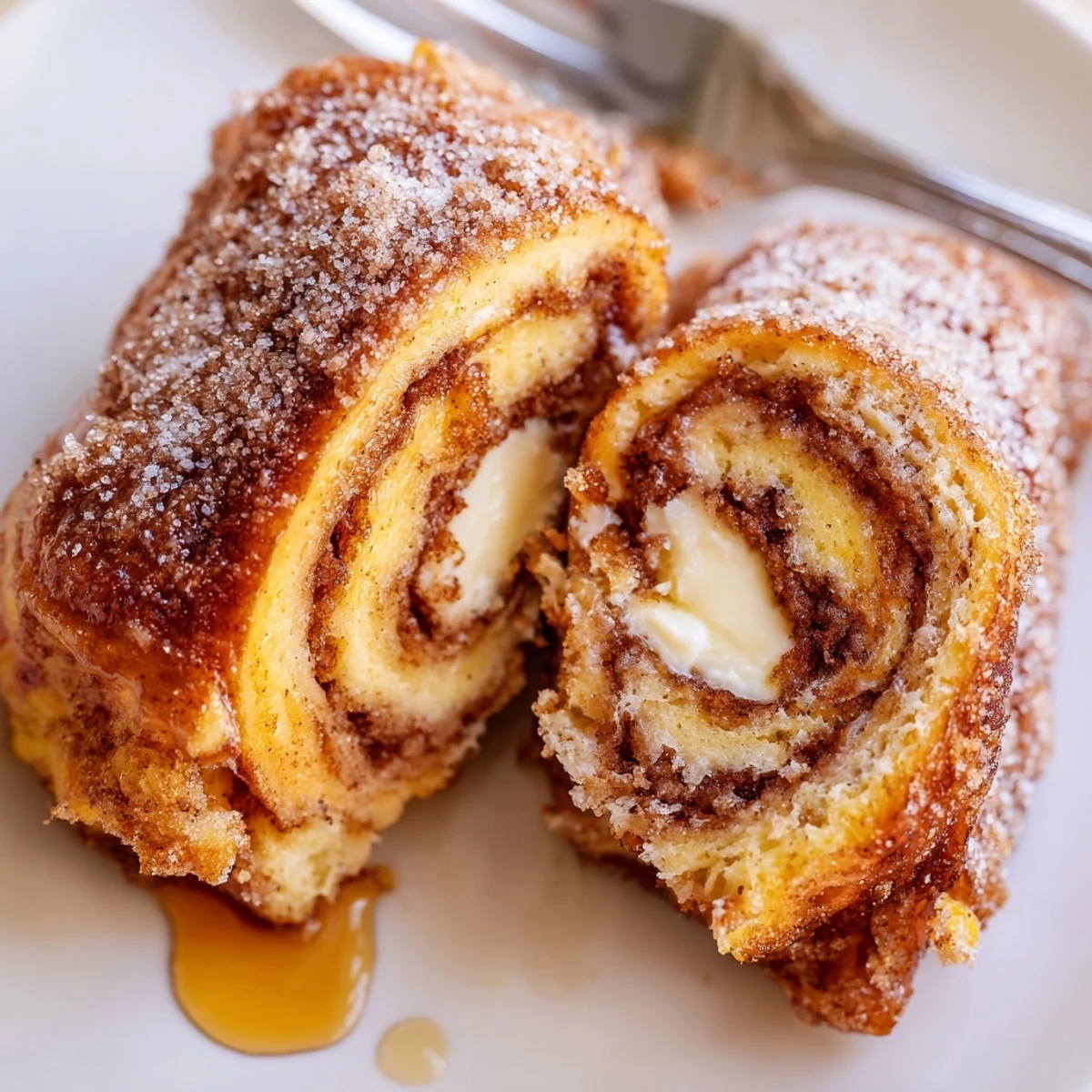 Warm Cinnamon Roll French Toast Roll Ups rolled tight, cream cheese oozing.