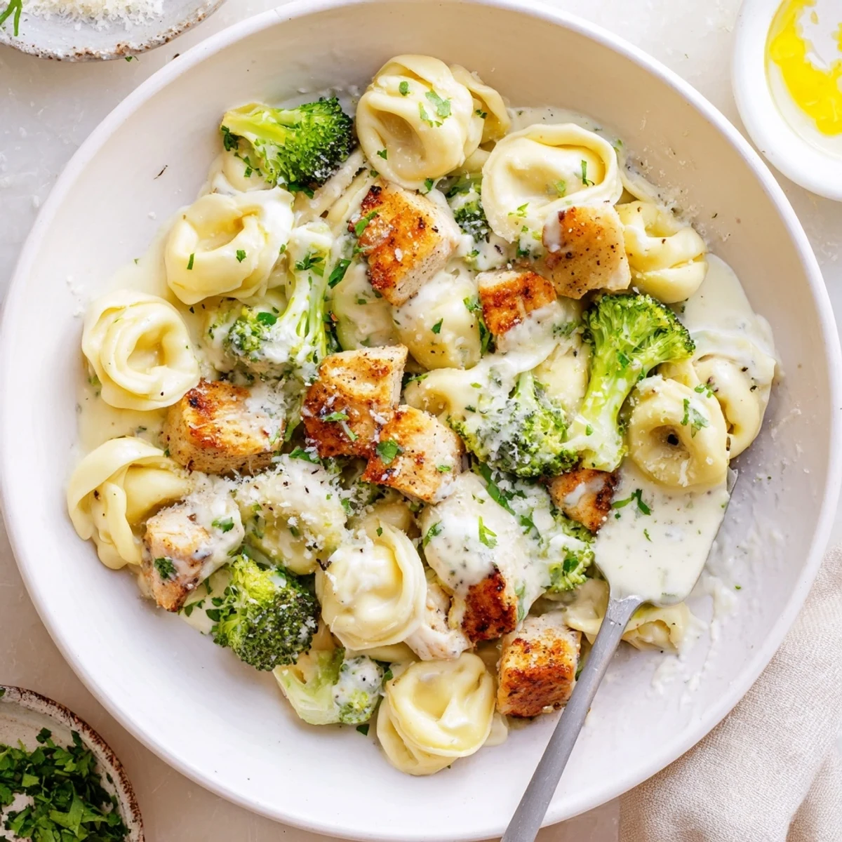 Plated Creamy Garlic Parmesan Tortellini Chicken Broccoli, warm with parsley and melted Parmesan.