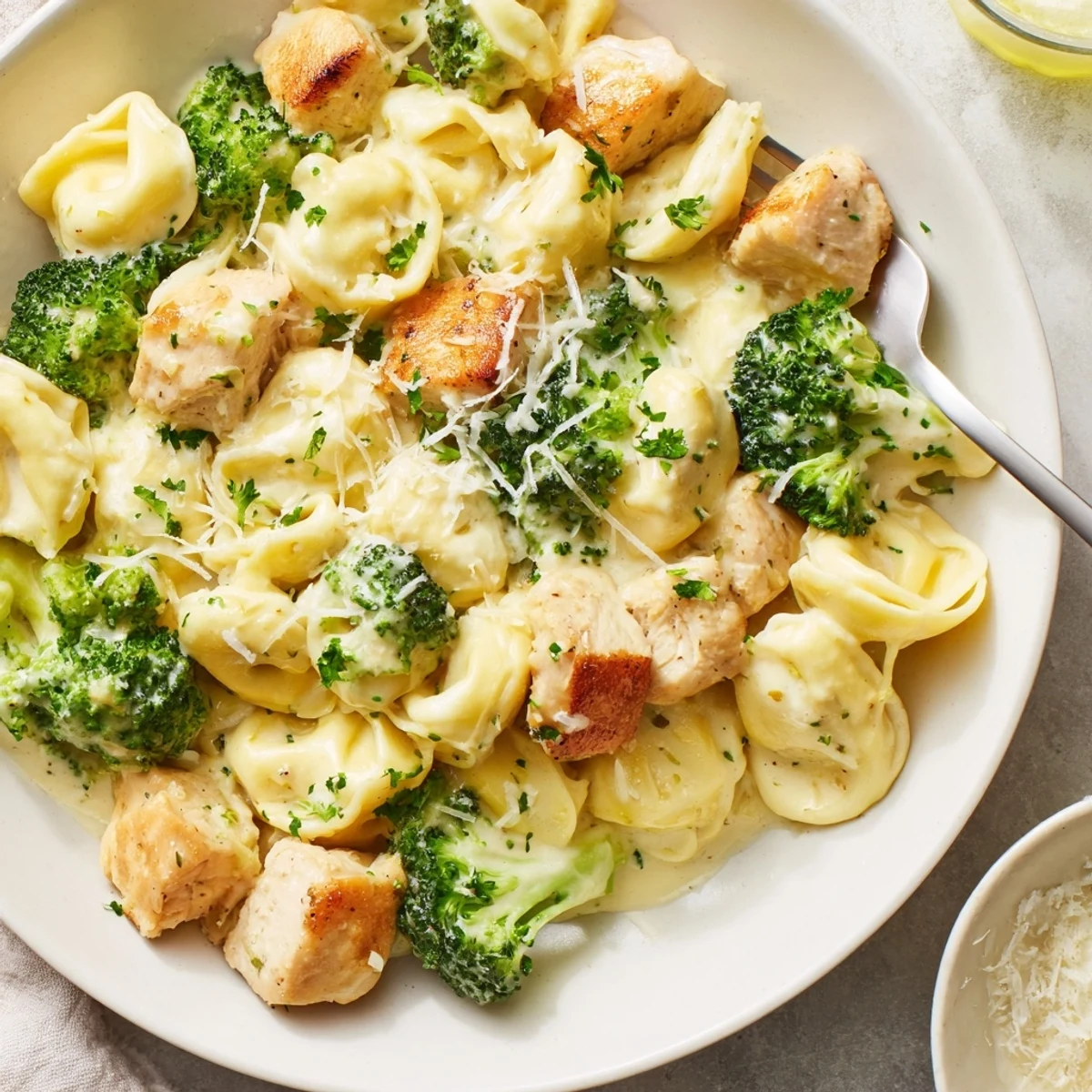 Creamy Garlic Parmesan Tortellini Chicken Broccoli with tender chicken, crisp broccoli, and fragrant garlic.