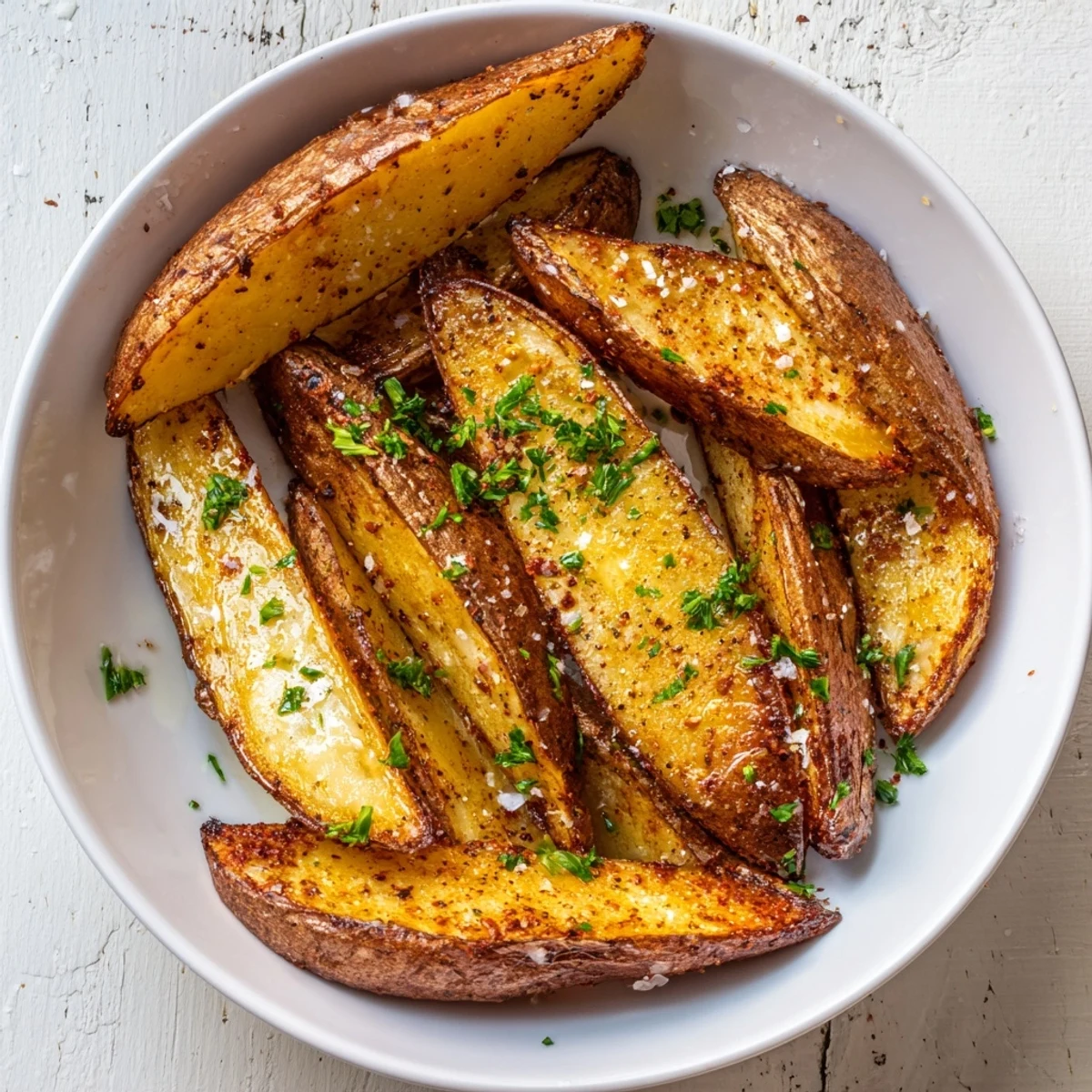 Crispy oven-baked Potato Wedges with golden edges, fluffy centers, parsley garnish