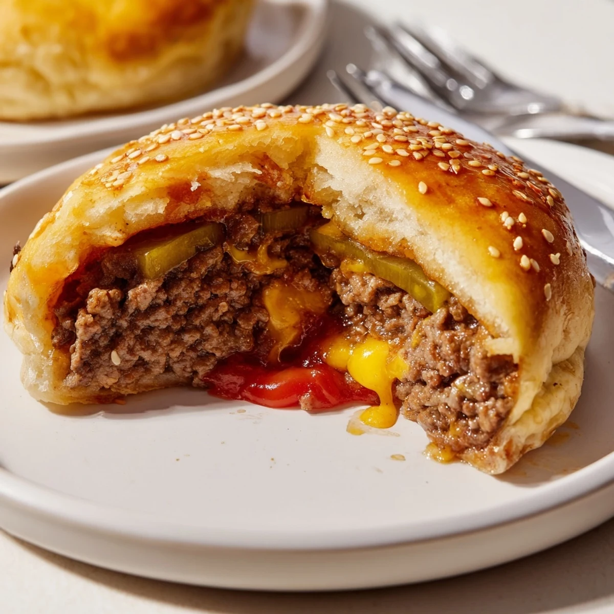 Golden baked Cheesy Cheeseburger Bombs bursting with melted cheddar, sesame seed tops.