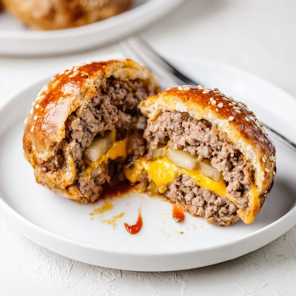Warm Cheesy Cheeseburger Bombs served with ketchup and mustard for dipping.