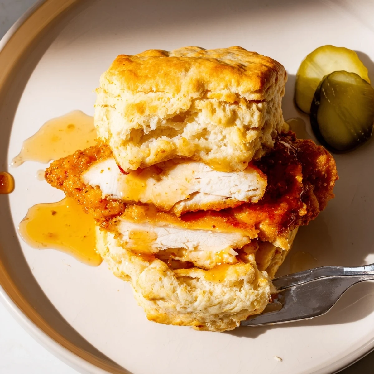 Hot Honey Chicken Biscuits on plate, flaky biscuit, crispy chicken, sticky honey drizzle