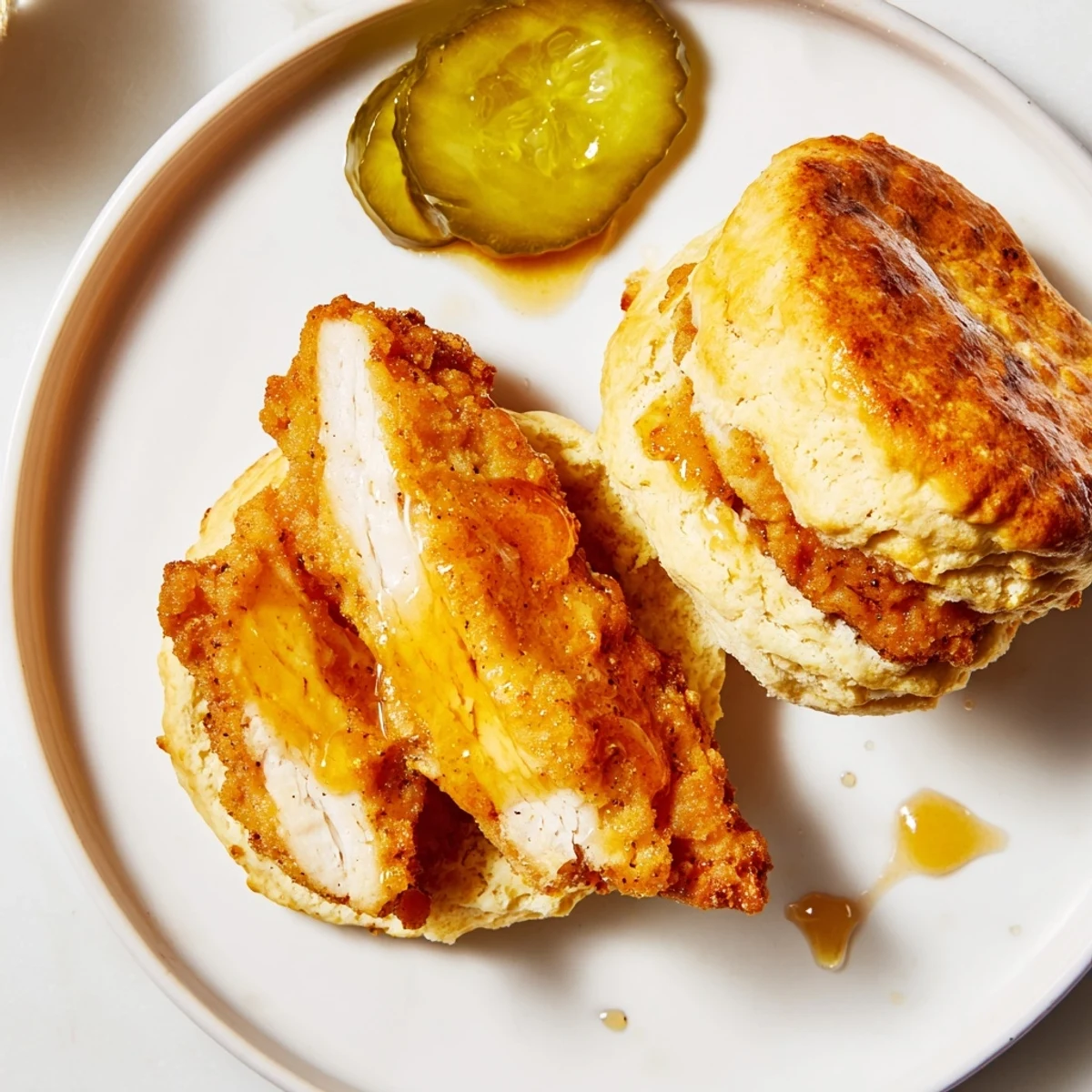 Split Hot Honey Chicken Biscuits showing warm buttermilk biscuit and crunchy chicken