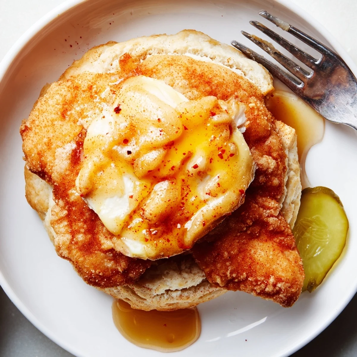 Sweet-spicy Hot Honey Chicken Biscuits with tangy pickles, ideal for brunch