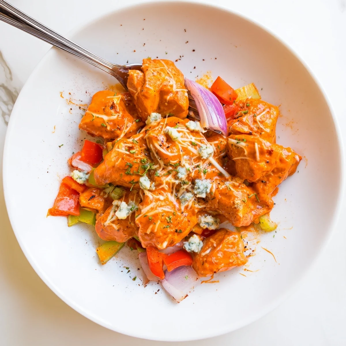 Keto Buffalo Chicken Skillet sizzling in pan with creamy sauce and parsley