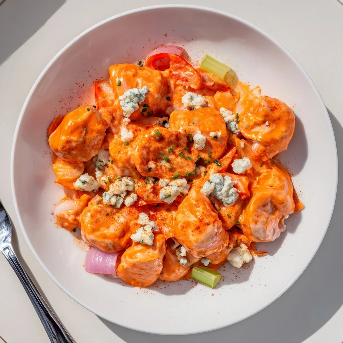 Creamy Keto Buffalo Chicken Skillet topped with melted mozzarella and crumbled blue