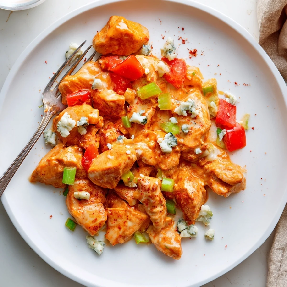 Hearty Keto Buffalo Chicken Skillet served over cauliflower rice, spicy and tangy
