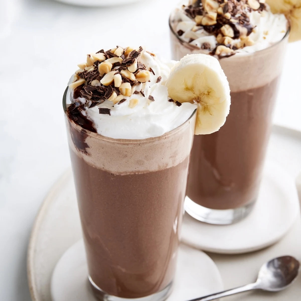 Chocolate Peanut Butter Smoothie in tall glass with whipped cream and chocolate shavings