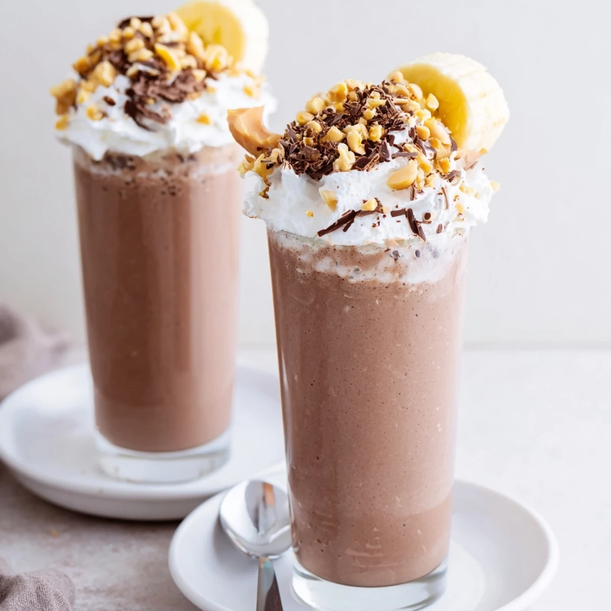 Thick Chocolate Peanut Butter Smoothie poured into two glasses, topped with crushed peanuts