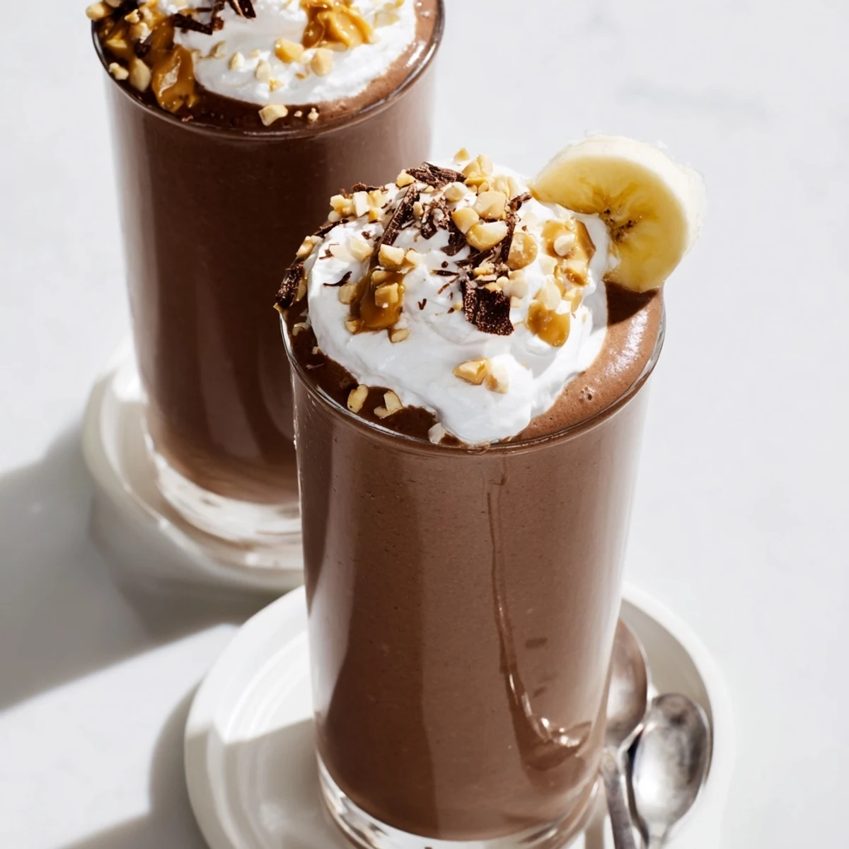 Creamy Chocolate Peanut Butter Smoothie bursting with banana flavor, cold and silky