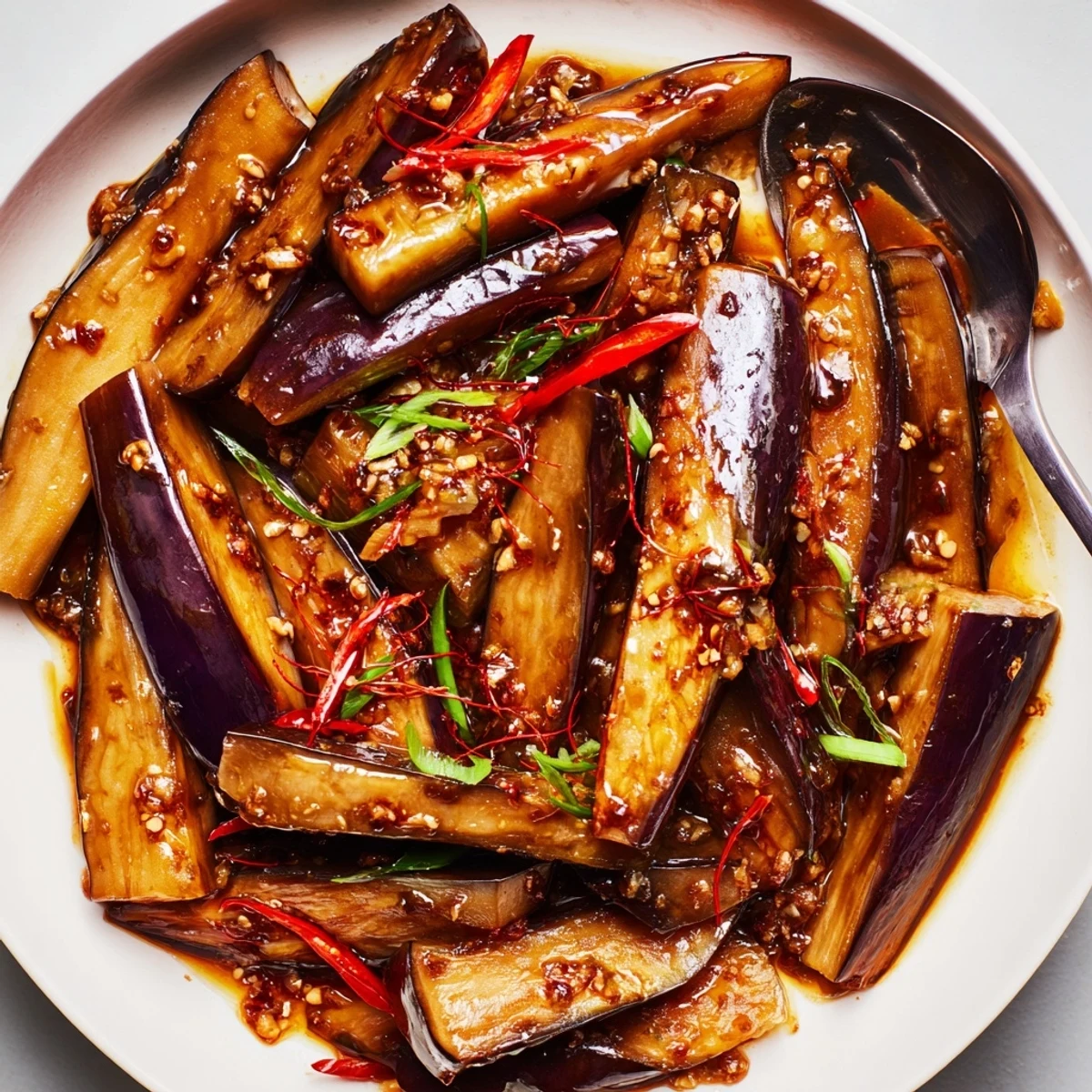 Sichuan Style Braised Aubergines glistening in spicy red sauce, garnished with scallions