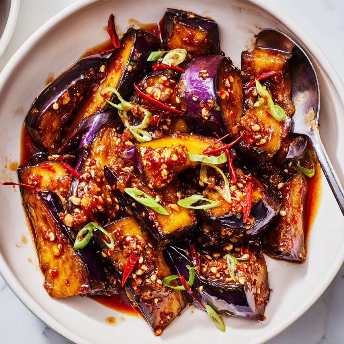 Pan-seared Sichuan Style Braised Aubergines coated in glossy chili doubanjiang sauce