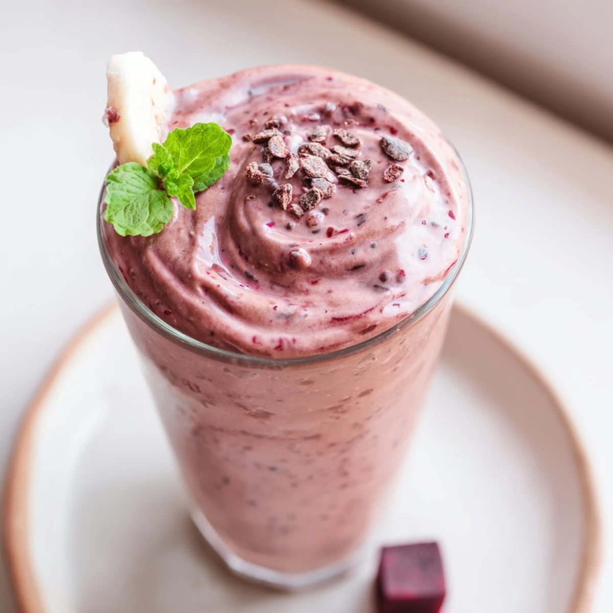 Chocolate Beet Smoothie in tall glass, velvety, earthy sweet, topped with cacao nibs