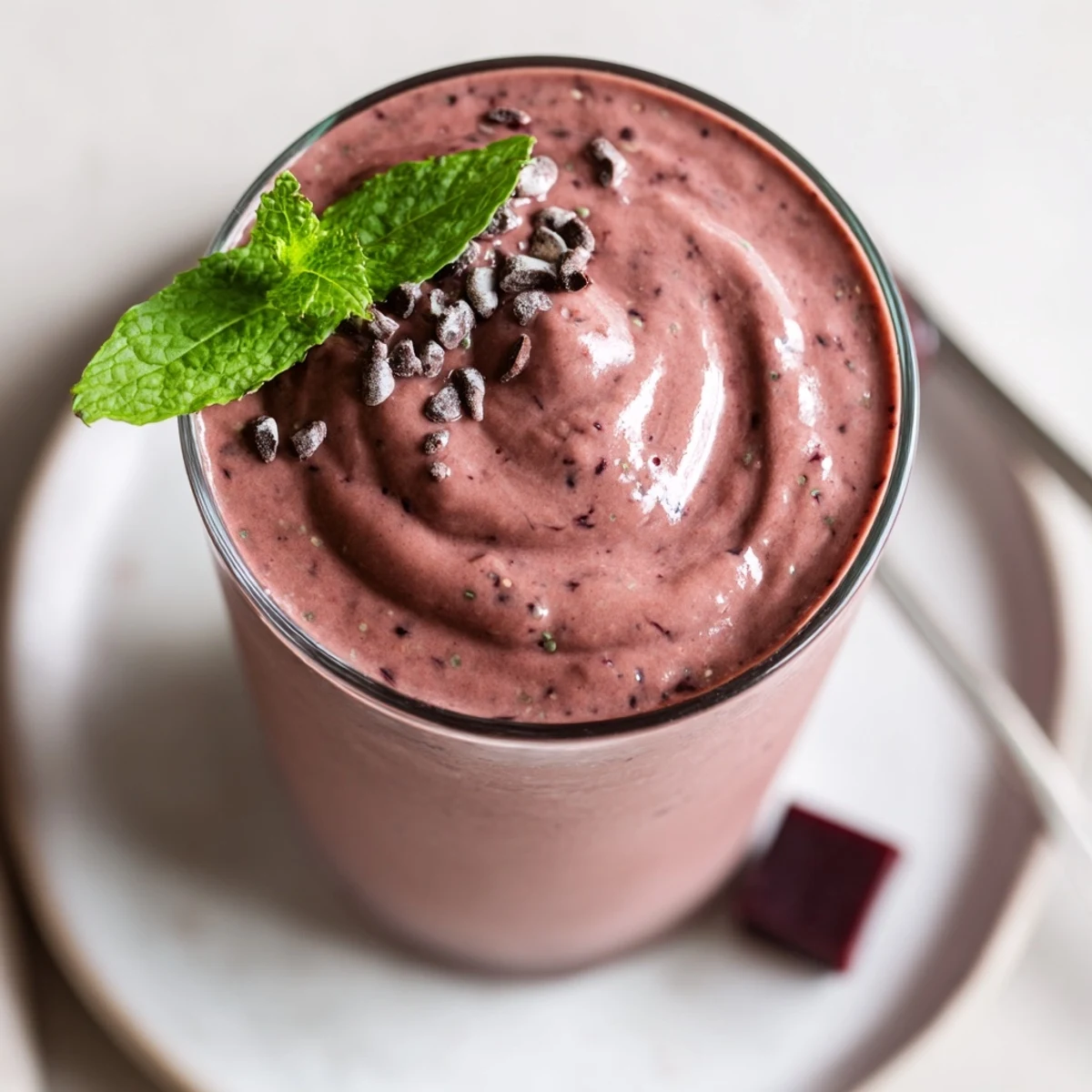 Chocolate Beet Smoothie served chilled with mint sprig and dark chocolate shavings