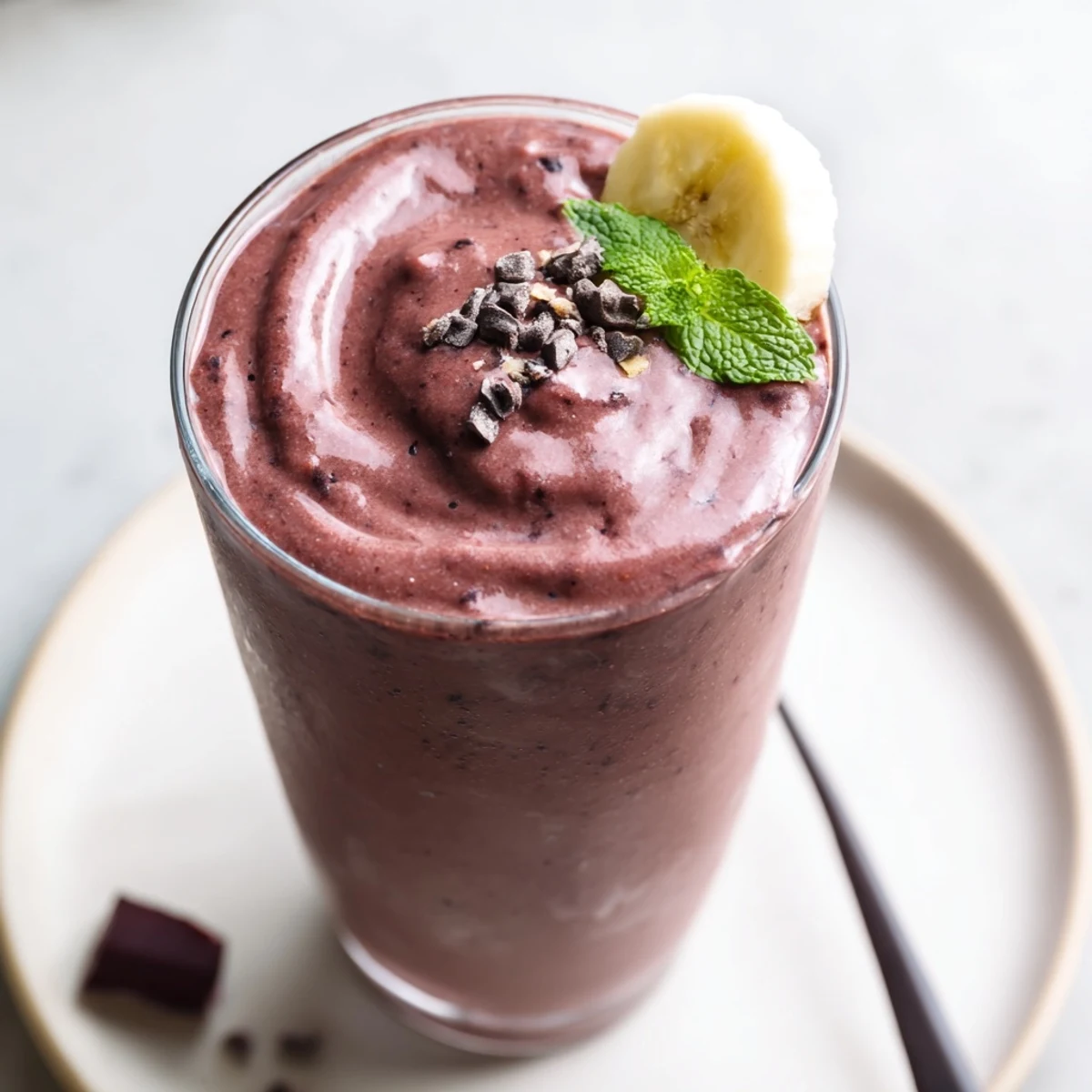 Bright pink Chocolate Beet Smoothie poured from blender, creamy banana and cocoa