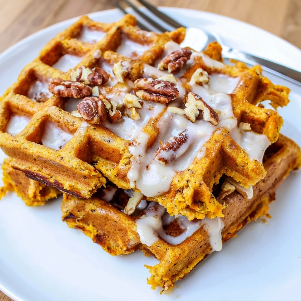 Golden Carrot Cake Waffles topped with cream cheese glaze and chopped pecans