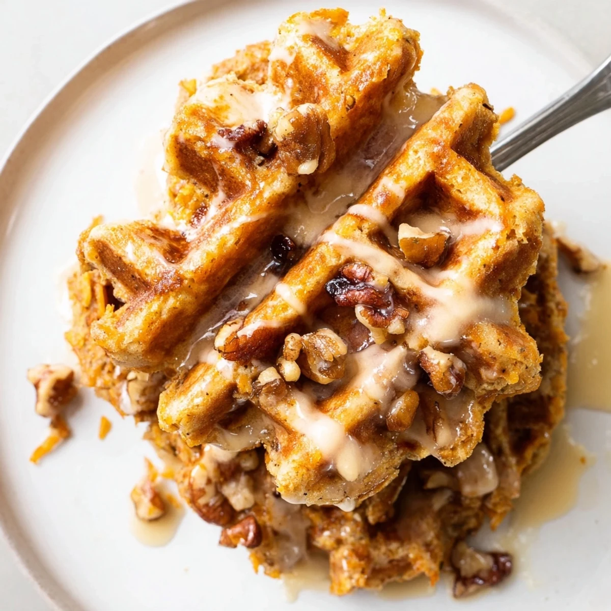 Warm Carrot Cake Waffles smelling cinnamon, served with maple syrup drizzle