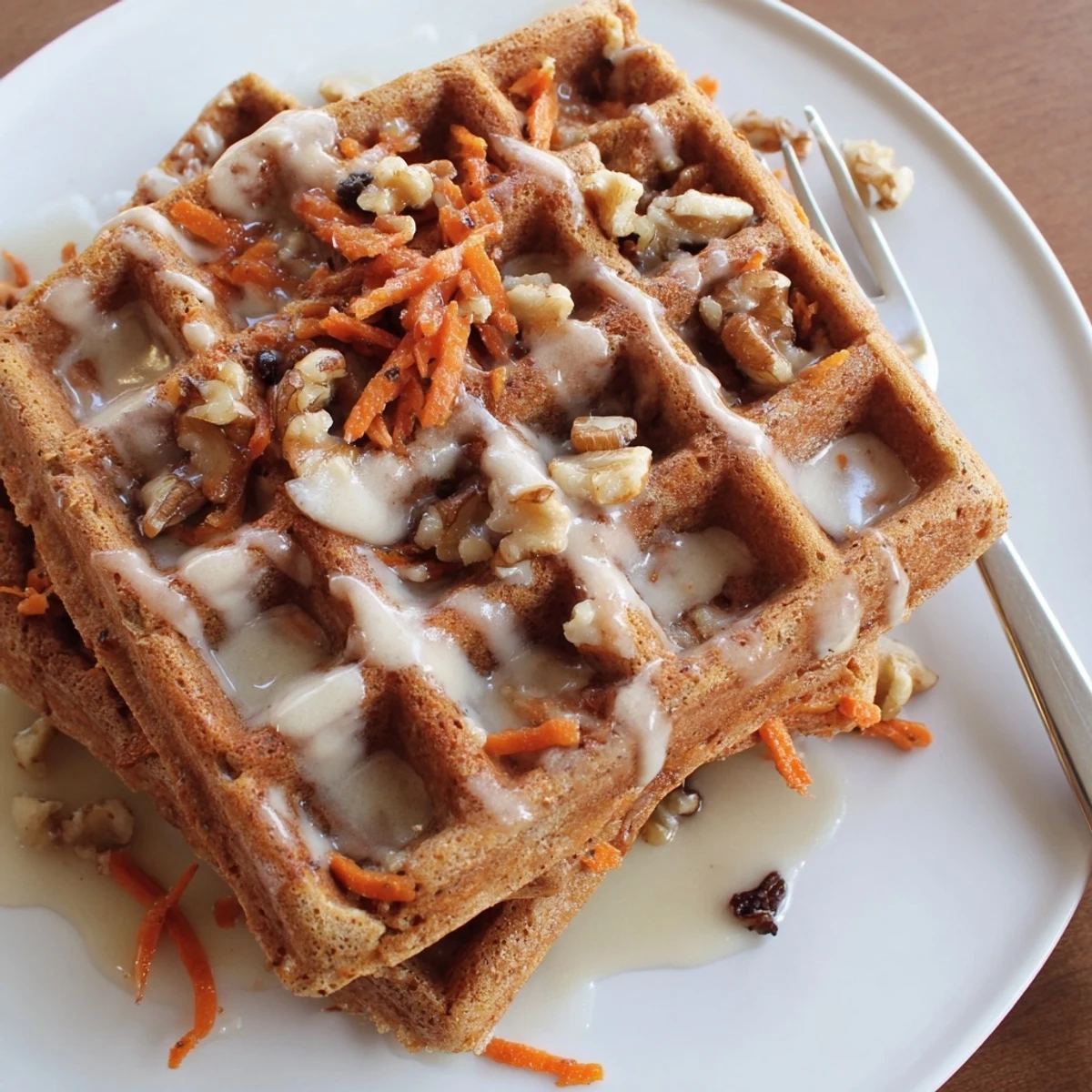 Buttery Carrot Cake Waffles with warm whipped cream and citrus zest