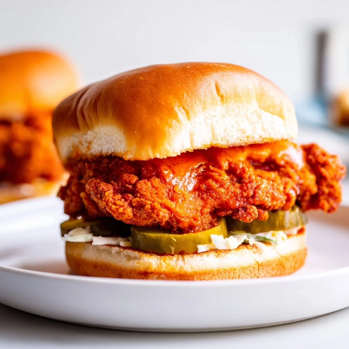 Warm Spicy Nashville Hot Chicken Sandwiches Recipe served on toasted brioche with creamy slaw