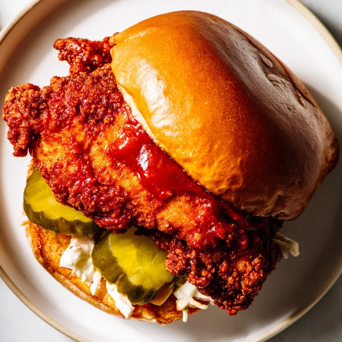 Weeknight Spicy Nashville Hot Chicken Sandwiches Recipe brushed with fiery oil, crunchy slaw