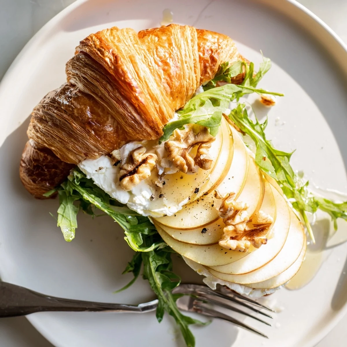 Buttery Apple Goat Cheese Croissant Sandwich with crisp apple slices and arugula.
