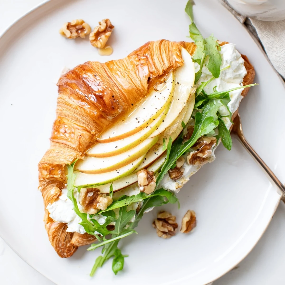 Layered Apple Goat Cheese Croissant Sandwich drizzled with honey, walnuts adding crunch.