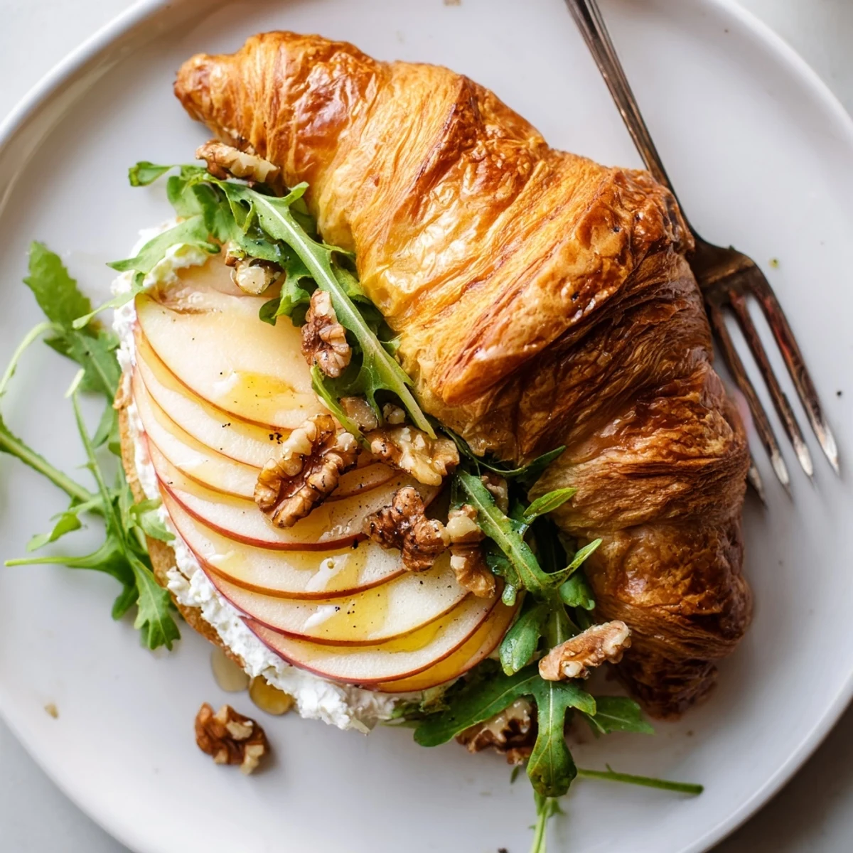 Toasted Apple Goat Cheese Croissant Sandwich served warm on a rustic plate, peppered.