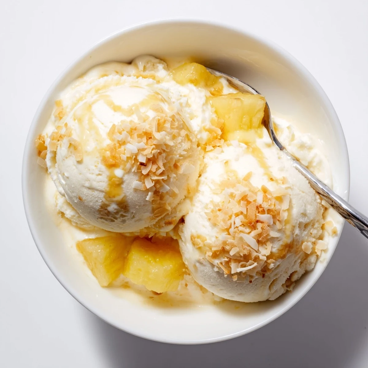 Creamy Pineapple Ice Cream spoonful glistening with tropical sweetness, chilled in bowl.