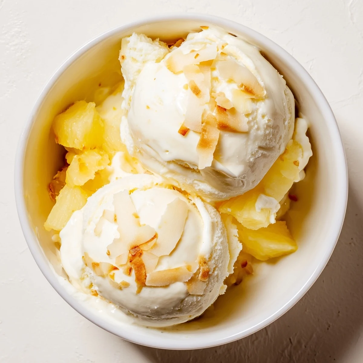 Homemade Creamy Pineapple Ice Cream scooped, topped with toasted coconut, summer dessert.