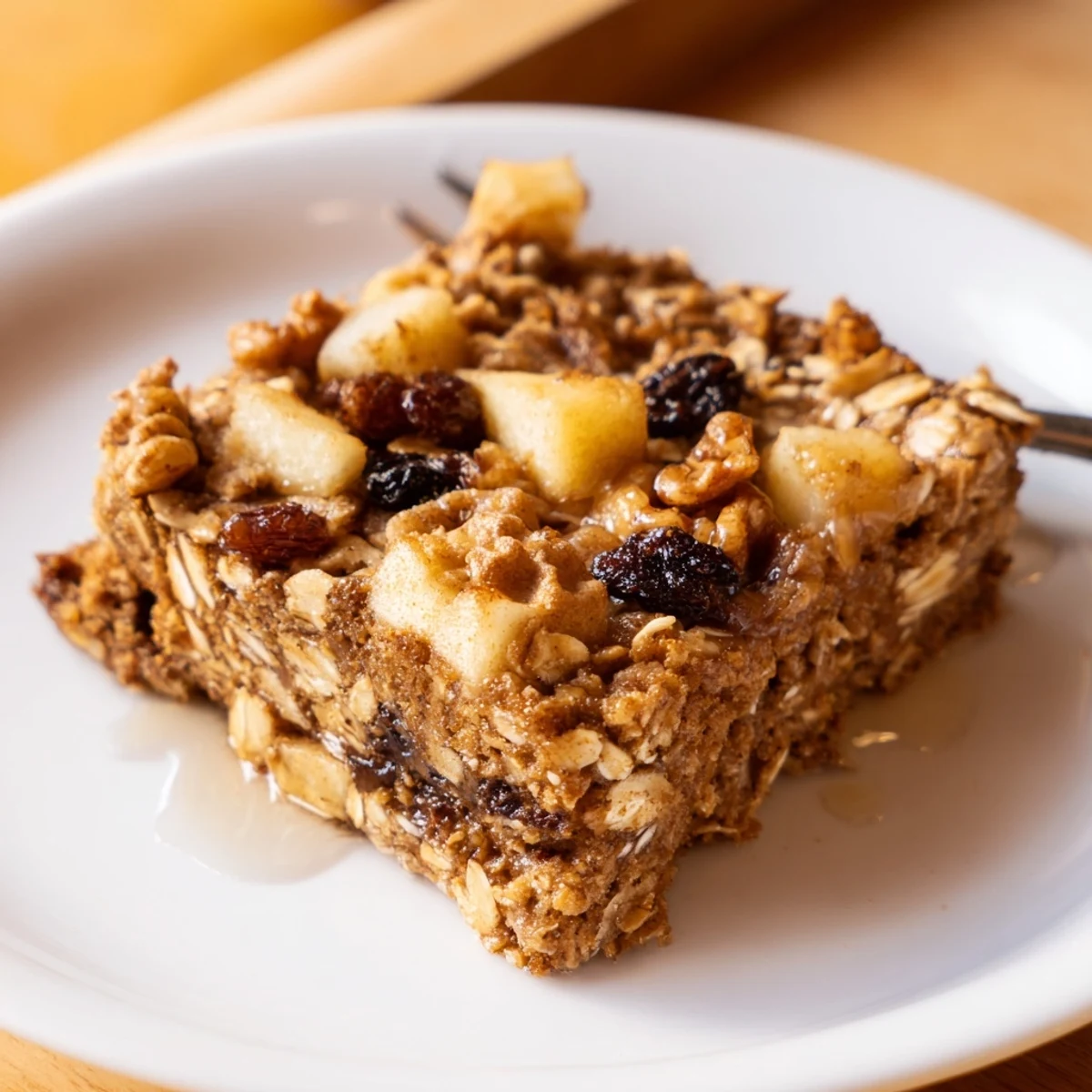 Slice of Delicious Apple Cinnamon Oatmeal Bake Recipe For Mornings topped with walnuts  