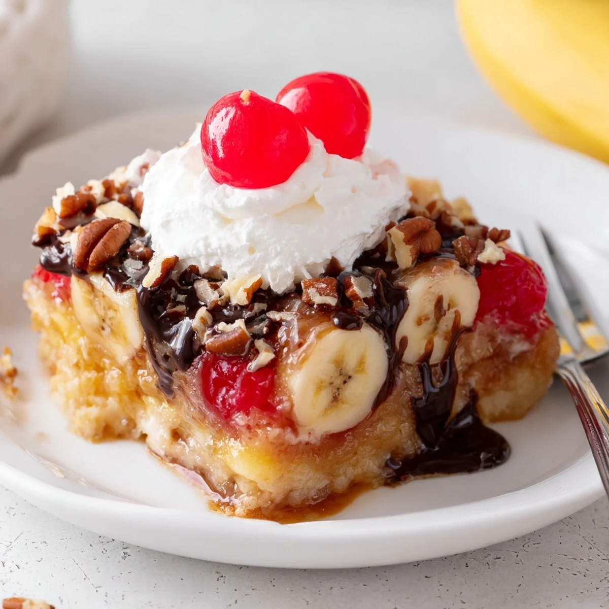 Warm Banana Split Dump Cake with bubbling edges, chocolate chips, whipped cream