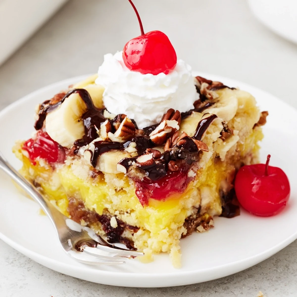 Hearty Banana Split Dump Cake, sliced bananas, oozing pineapple, cherry-topped scoop of vanilla