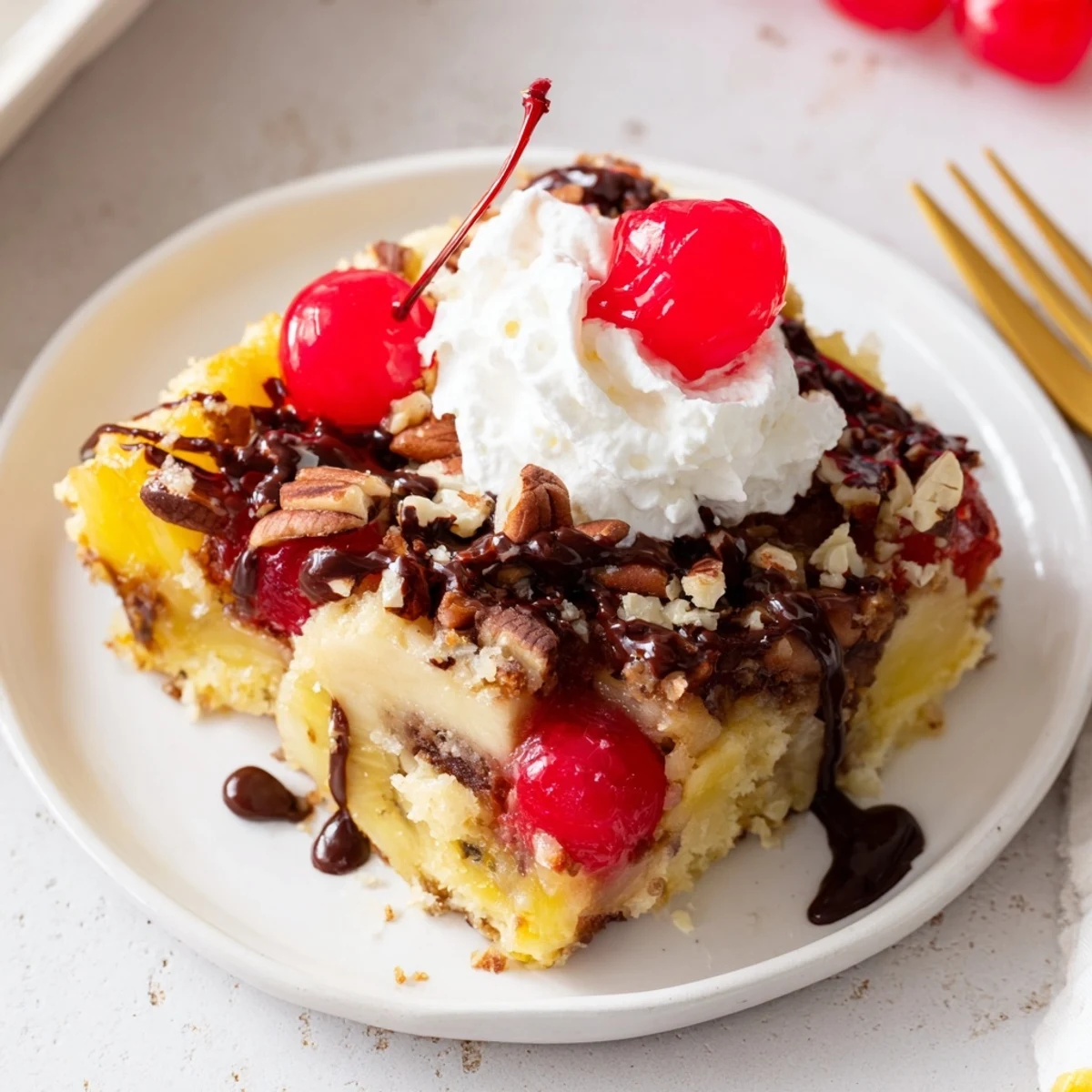 Freshly baked Banana Split Dump Cake cooling in baking dish, golden, overflowing cherries