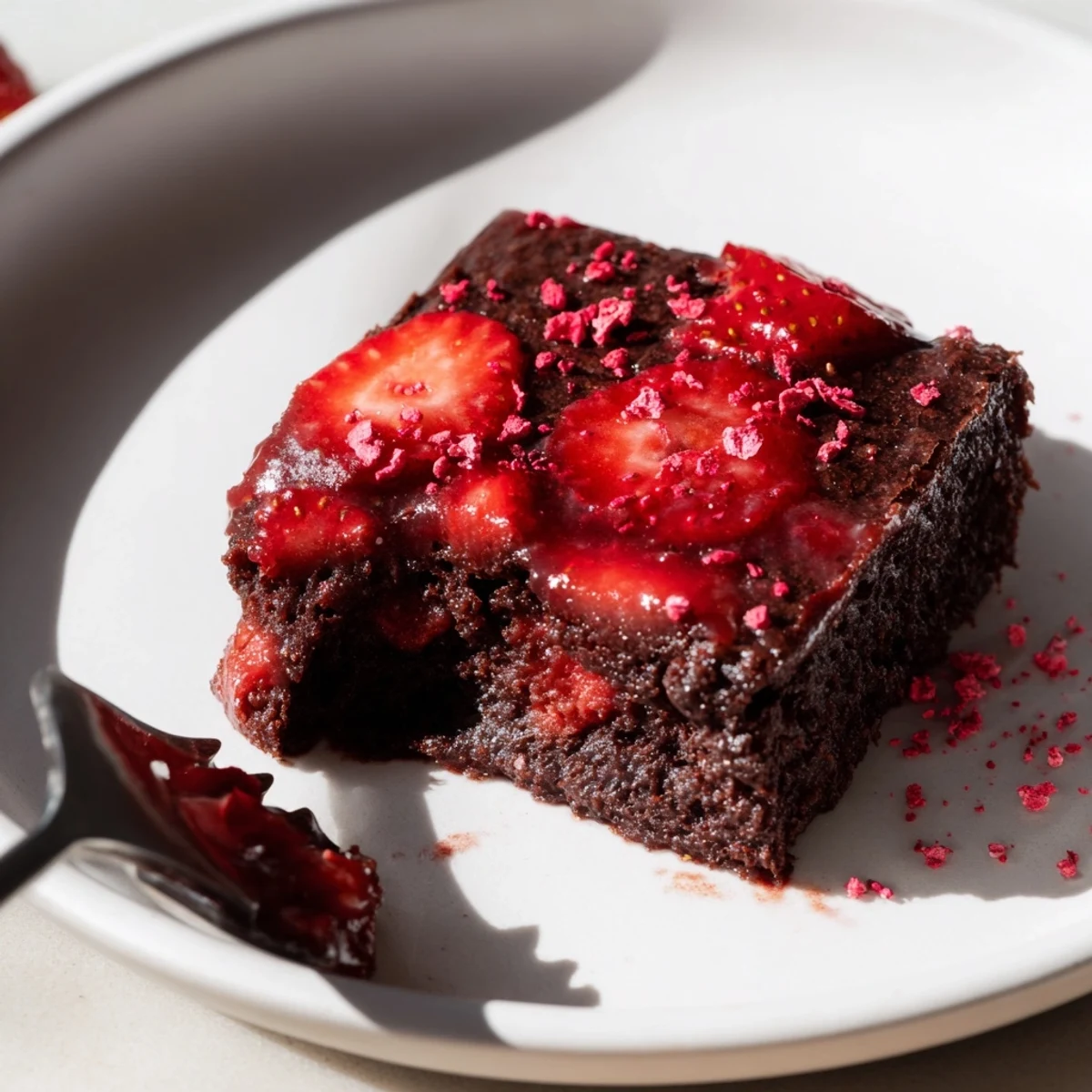 Warm Strawberry Brownies Recipe fresh from oven, steam rising, ready to serve.