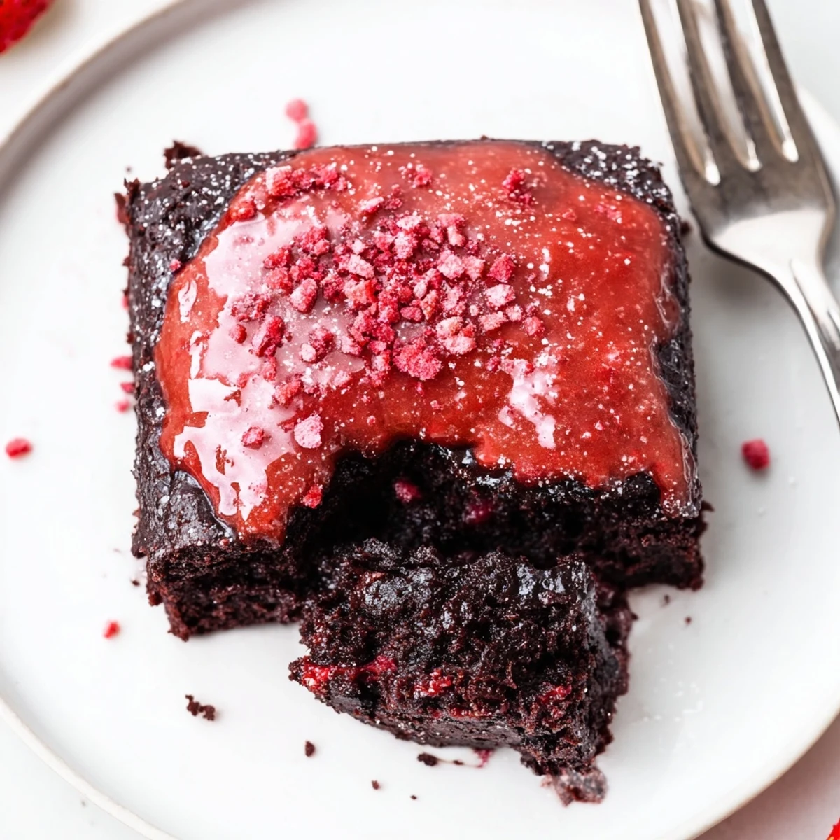 Whipped cream-topped squares of Strawberry Brownies with bright sliced strawberries.