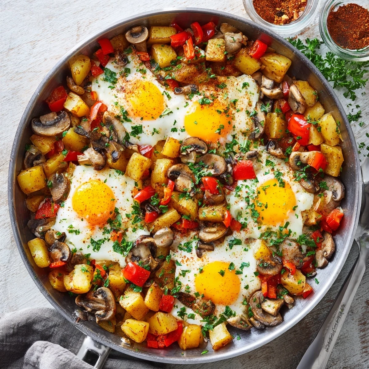 Golden skillet breakfast hash with eggs featuring crispy diced potatoes and colorful vegetables