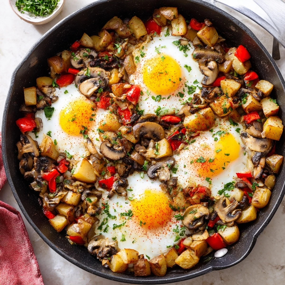 Hearty breakfast hash with eggs cooked in a cast iron skillet with fresh parsley garnish