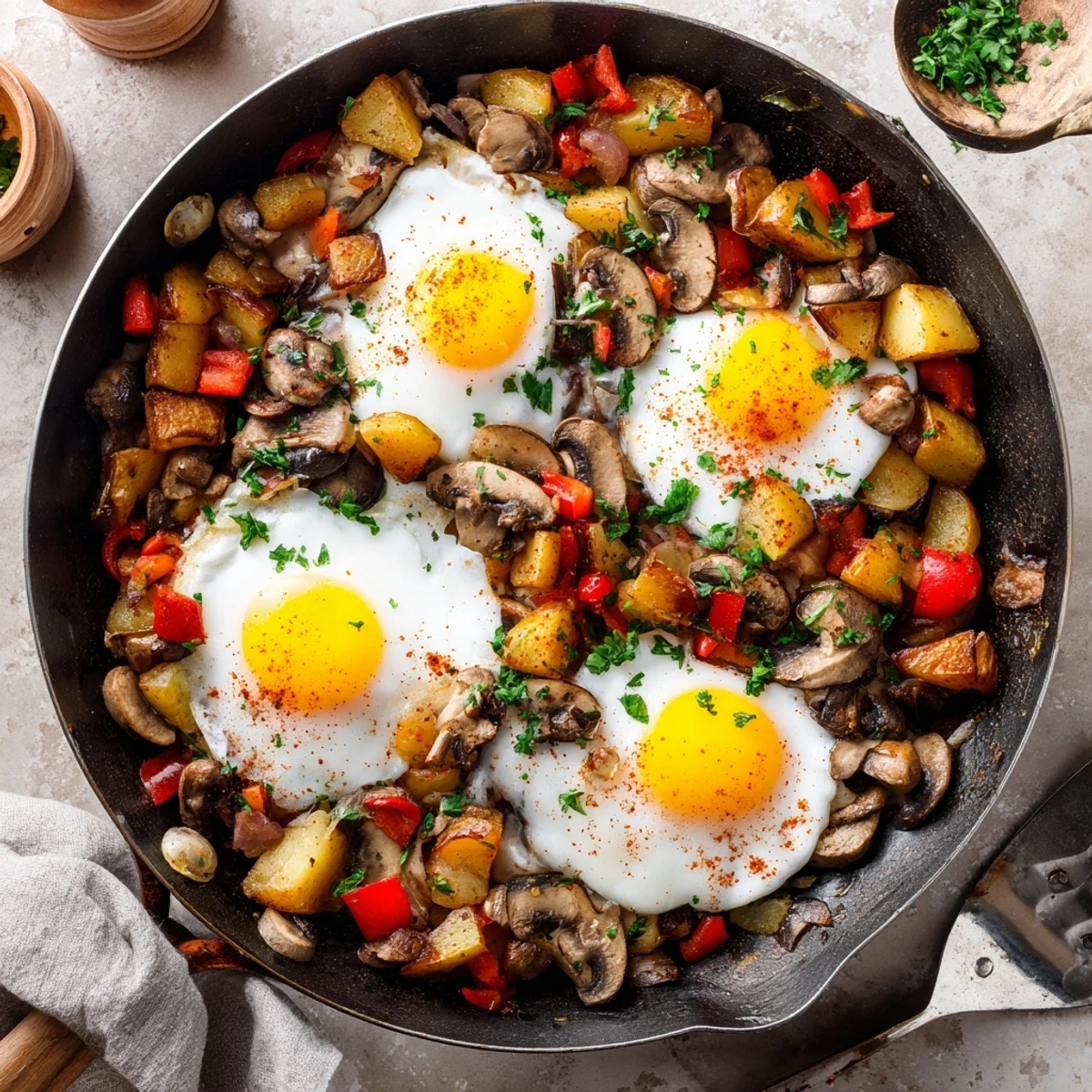 Savory one-pan breakfast hash with eggs topped with perfectly fried eggs over crispy potato vegetable medley
