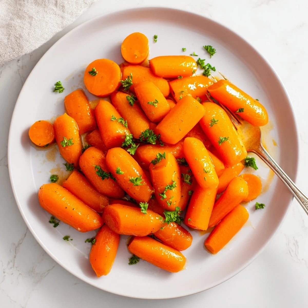 Golden honey glazed carrots glistening with sweet buttery glaze on a white serving plate