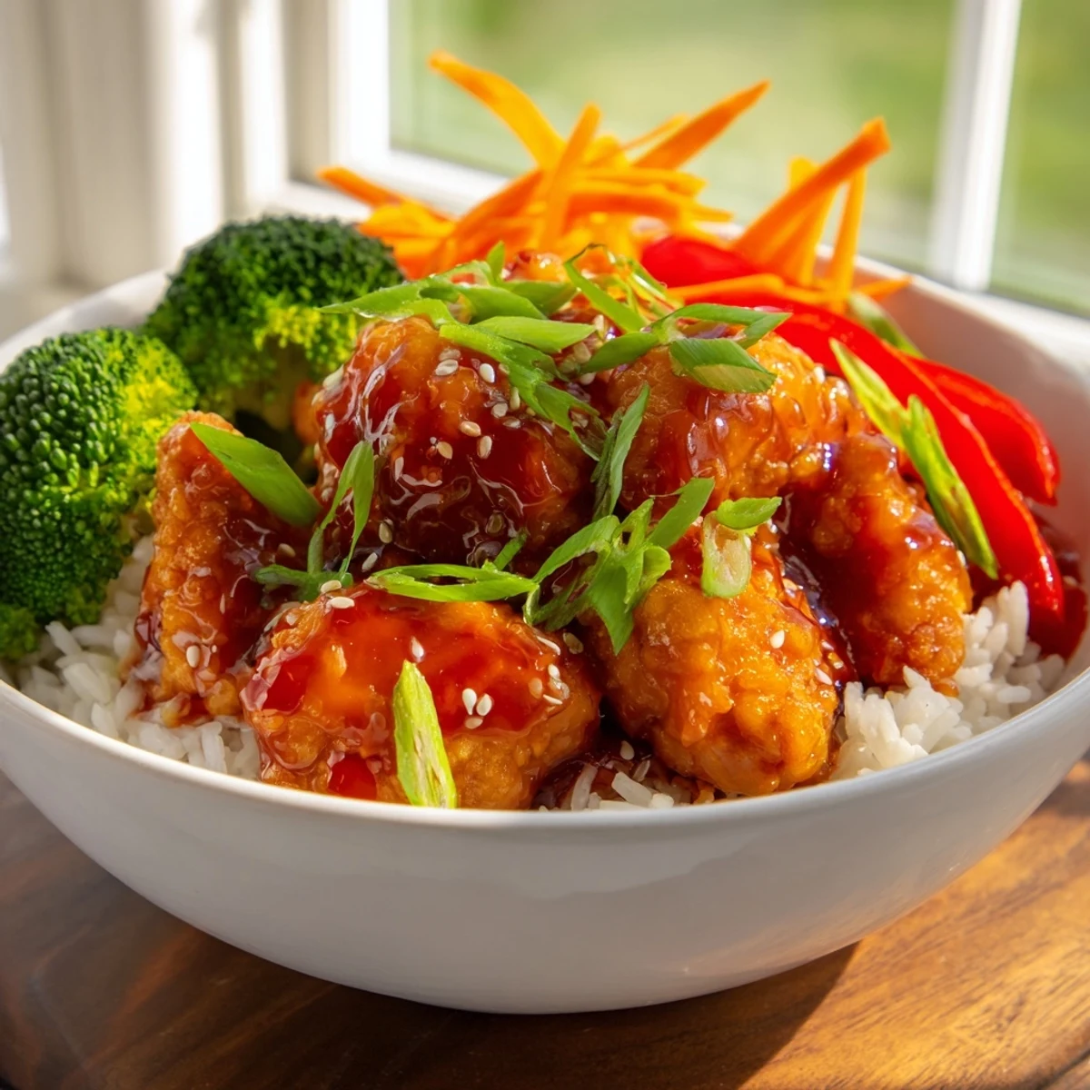 Orange glazed chicken rice bowl featuring tender glazed chicken pieces over steamed jasmine rice with colorful vegetables