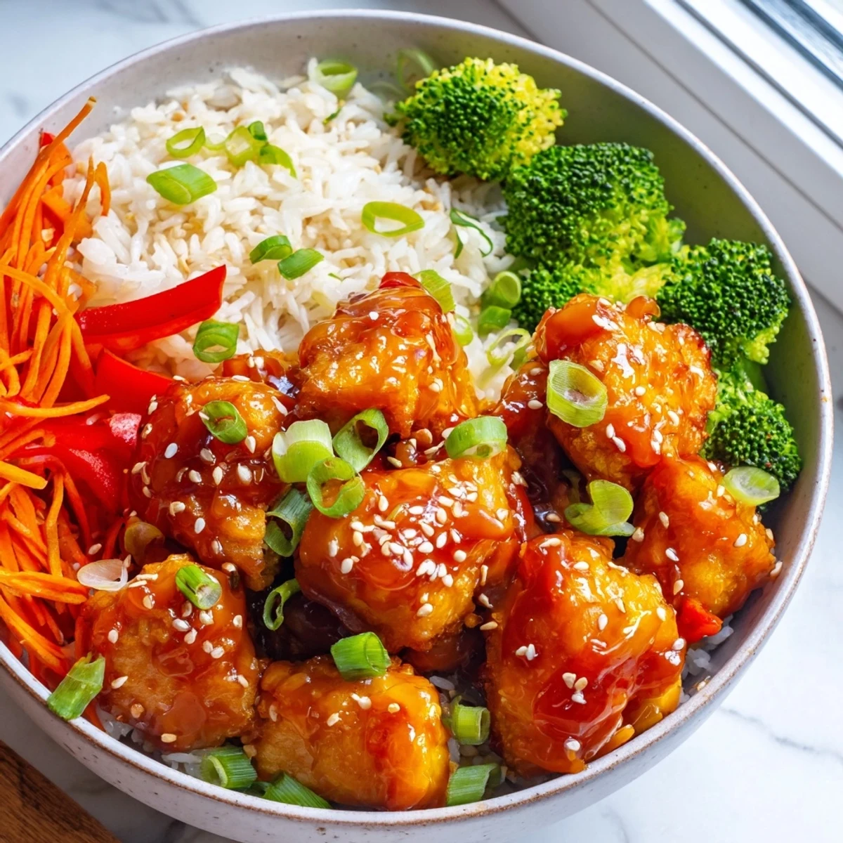 Vibrant orange glazed chicken rice bowl topped with fresh broccoli, carrots, and sesame seed garnish