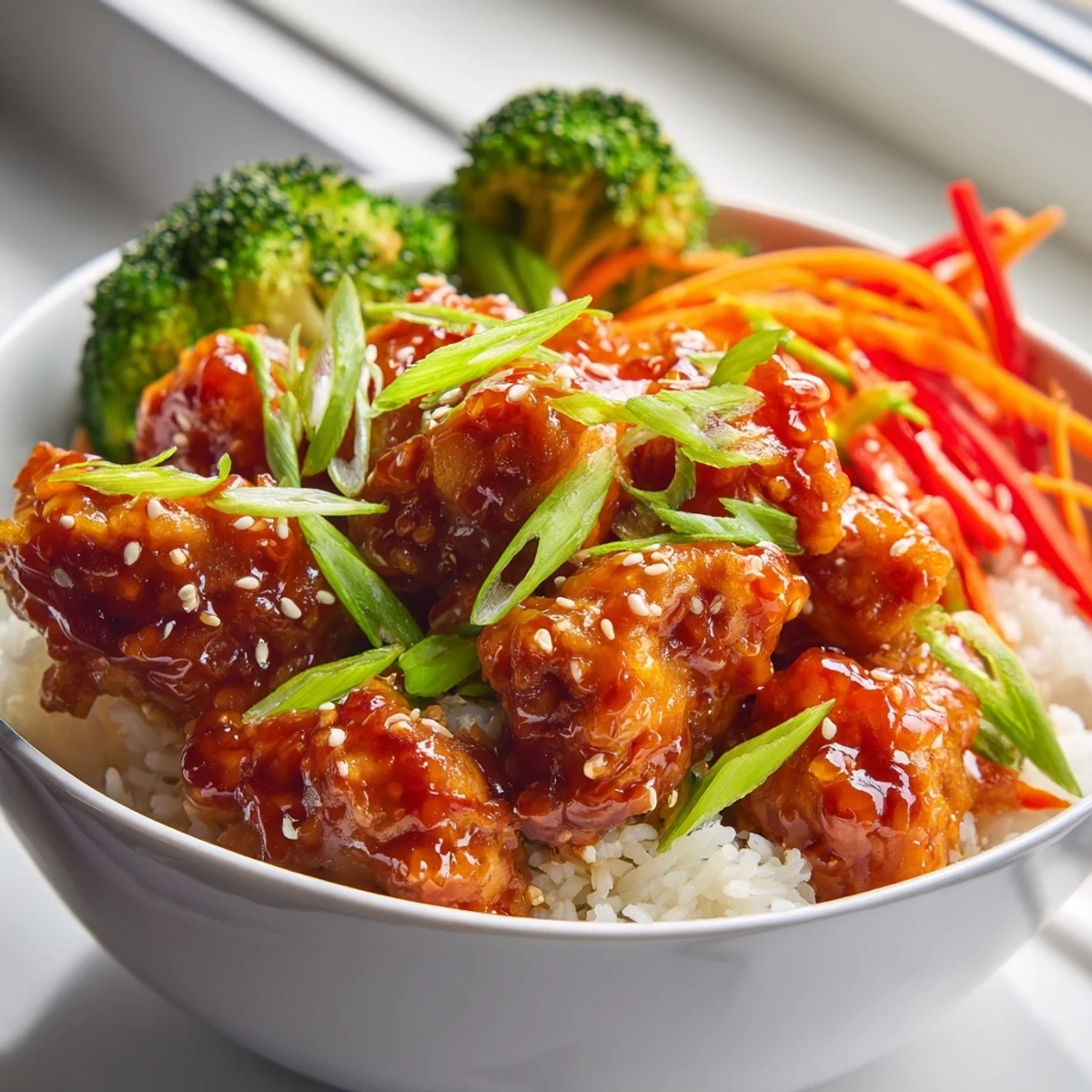 Asian-inspired orange glazed chicken rice bowl with glossy sweet and tangy sauce and crisp vegetable toppings