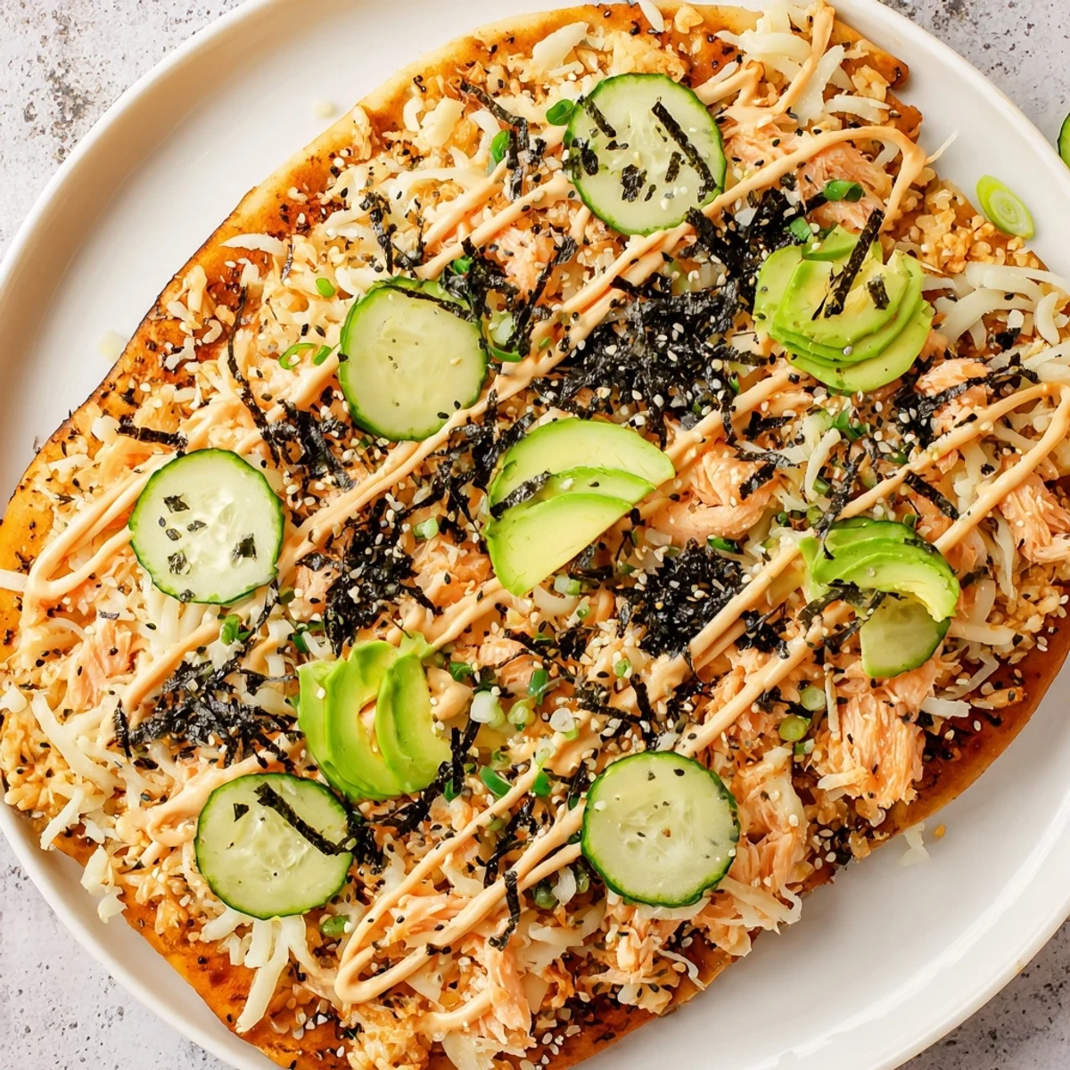 Fusion sushi bake flatbread drizzled with spicy sriracha sauce and fresh green onions