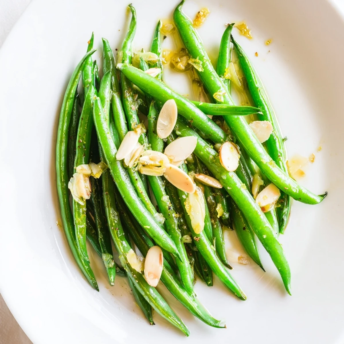 Fresh green beans sautéed with golden garlic slices and olive oil