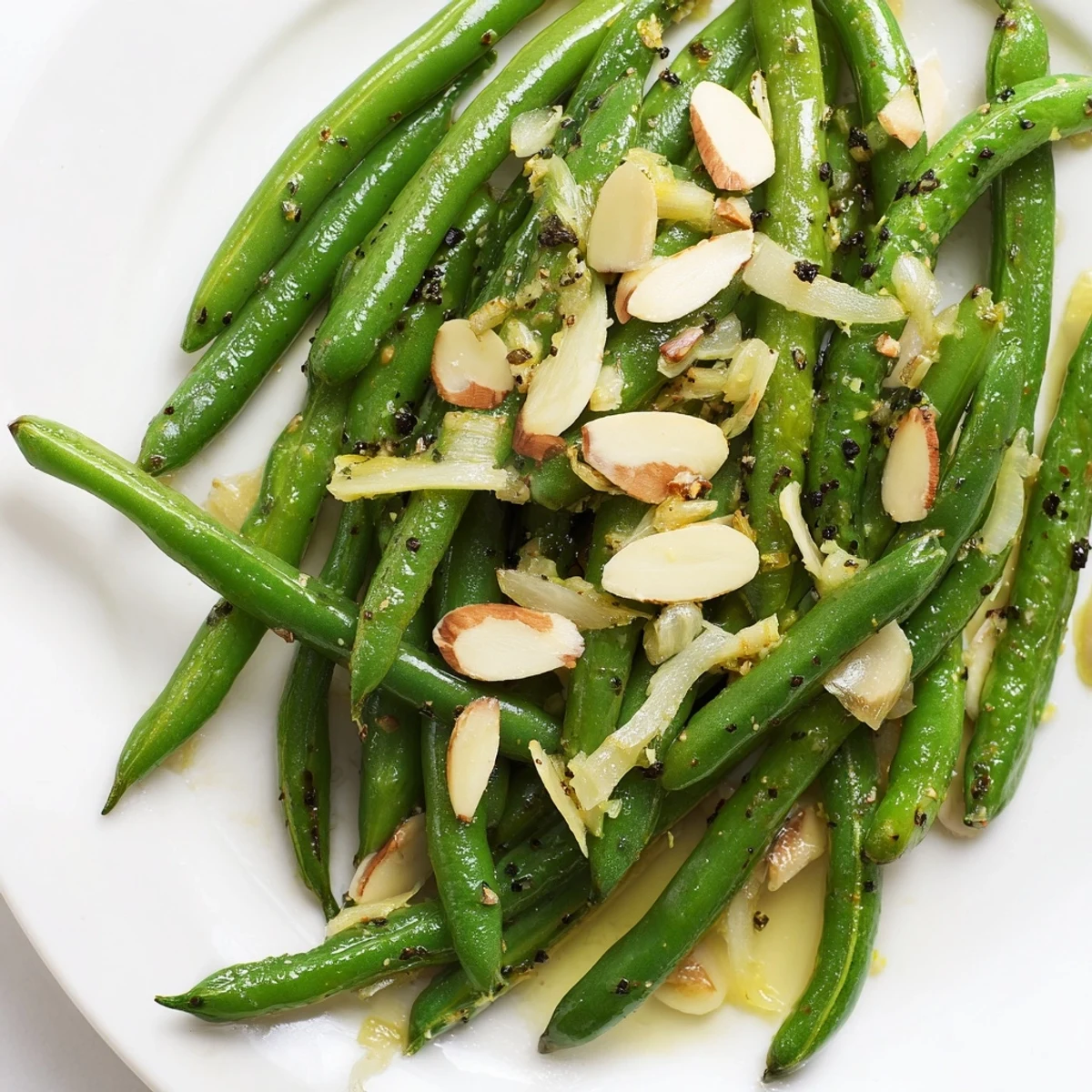 Vibrant sautéed green beans with garlic in a white serving bowl