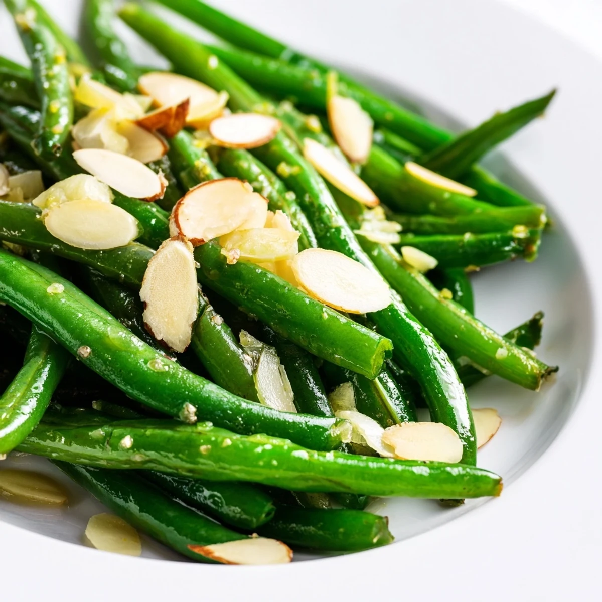 Crisp green beans tossed with fragrant garlic and olive oil garnish